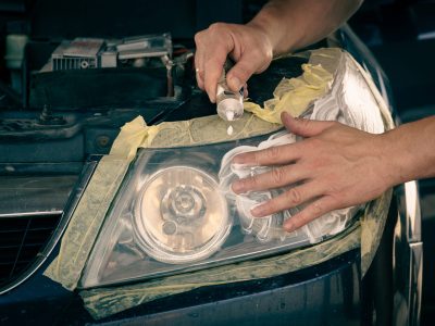 headlight cleaning. the master applies the paste to the cleaned surface, polishes the headlights of the car.